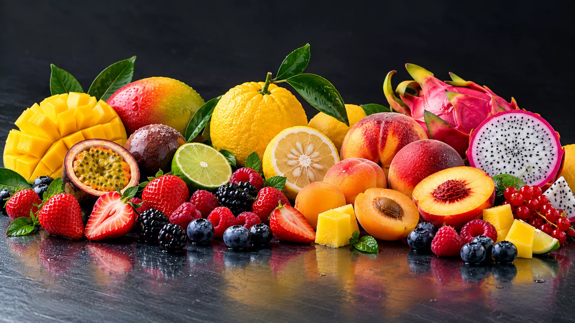 Assorted fresh fruits, including mango, dragon fruit, strawberries, and berries on a dark surface.